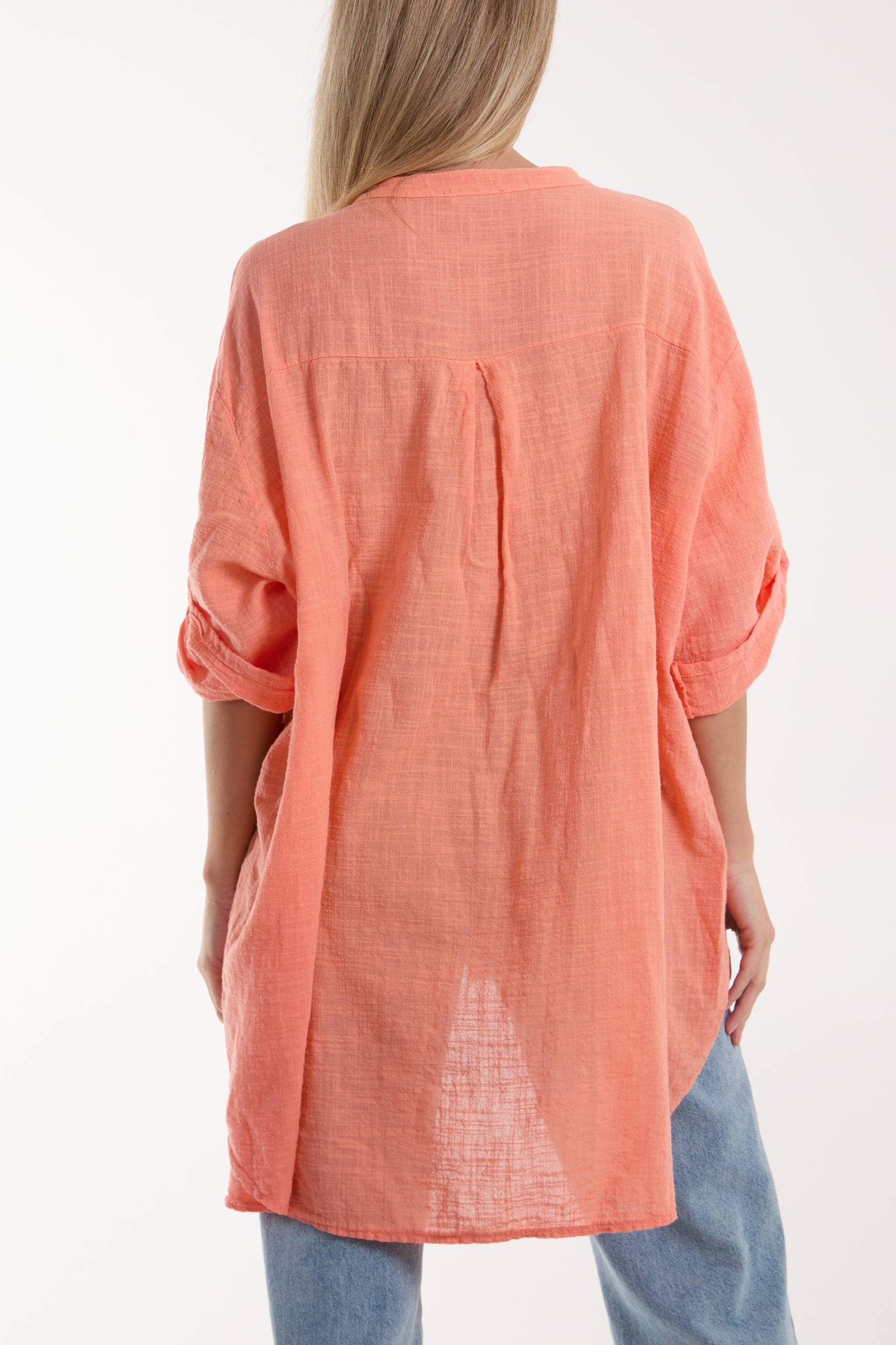Black Grandad Collar Cotton Shirt For Women ONE SIZE - Dropwear