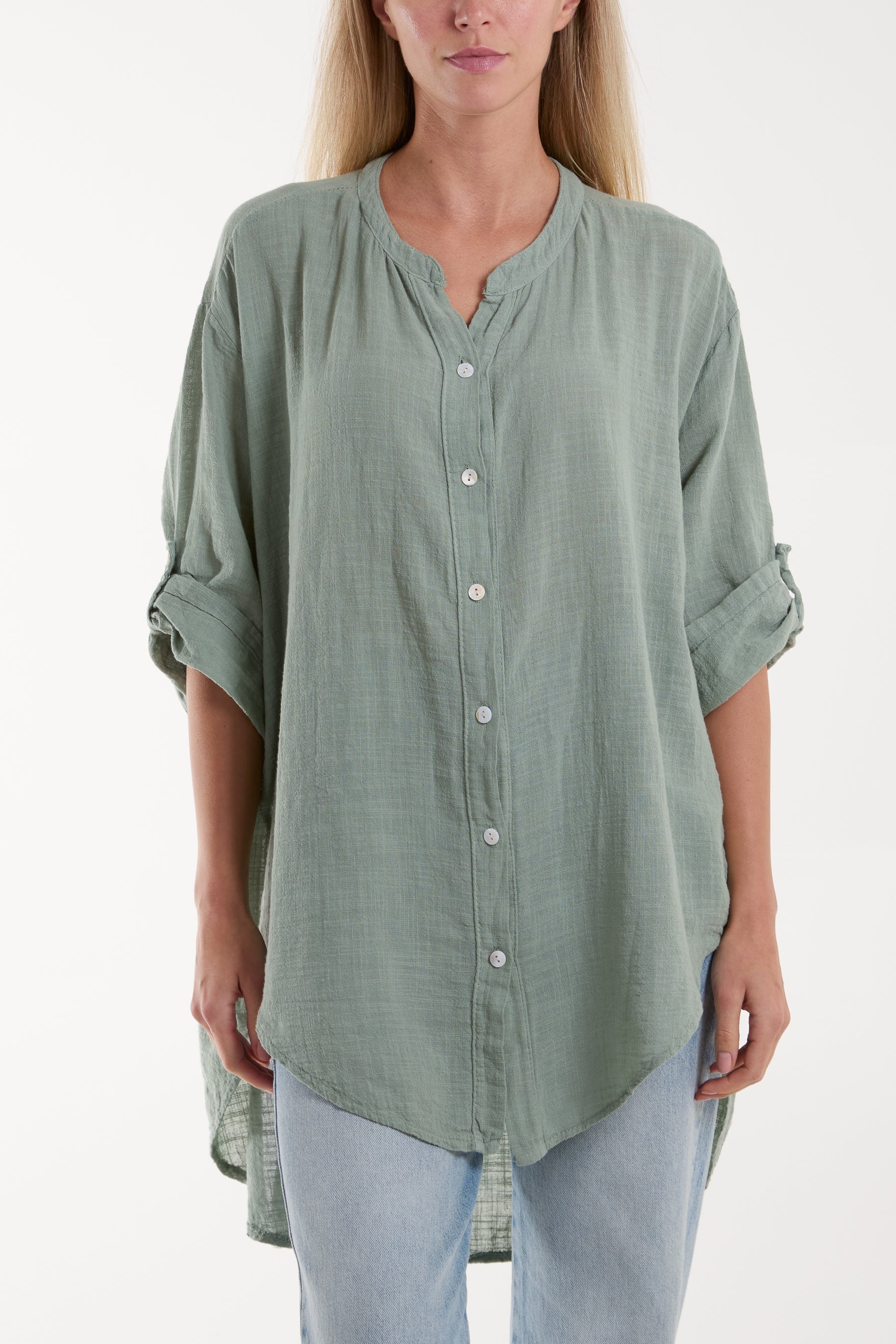 Navy Grandad Collar Cotton Shirt For Women ONE SIZE - Dropwear