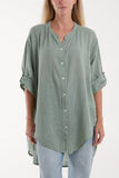 Navy Grandad Collar Cotton Shirt For Women ONE SIZE - Dropwear