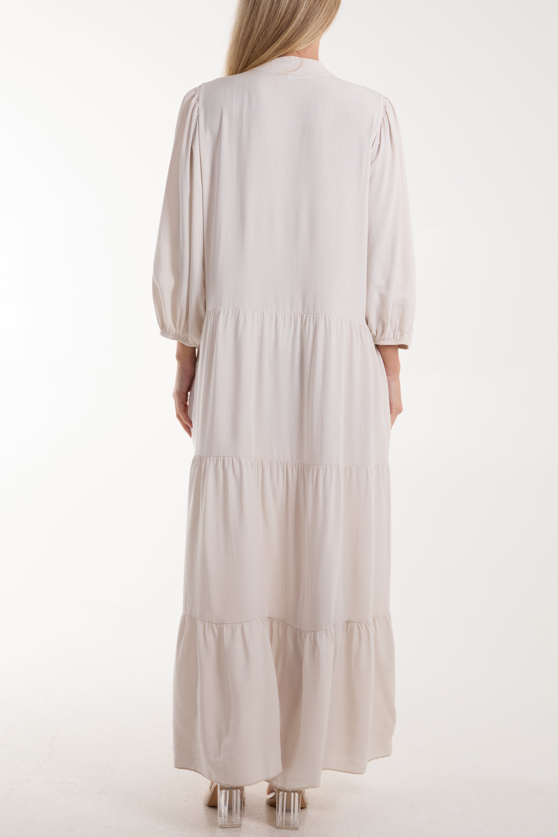 Beige Tiered Maxi Shirt Dress For Women ONE SIZE - Dropwear