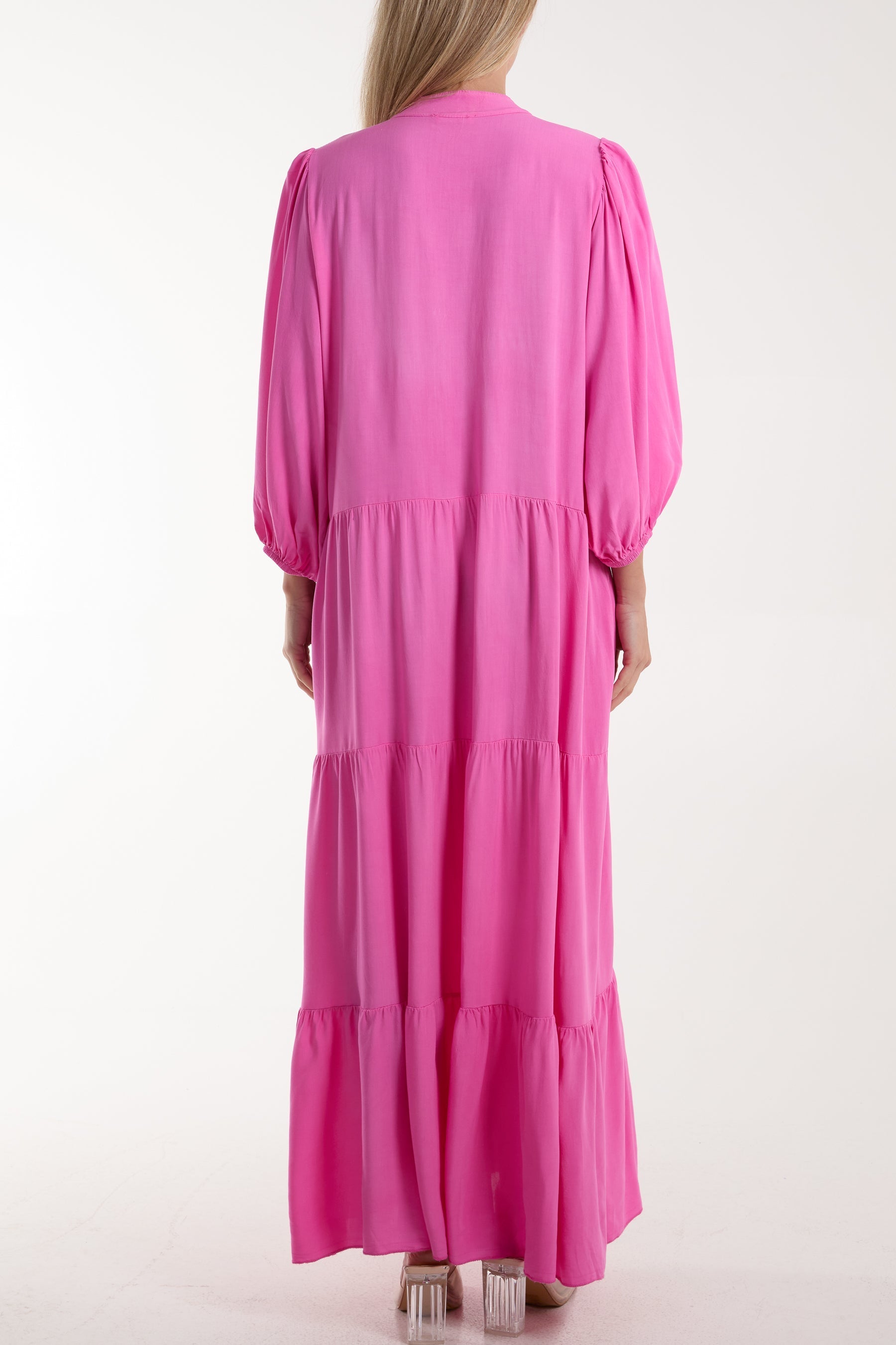 Hot Pink Tiered Maxi Shirt Dress For Women ONE SIZE - Dropwear