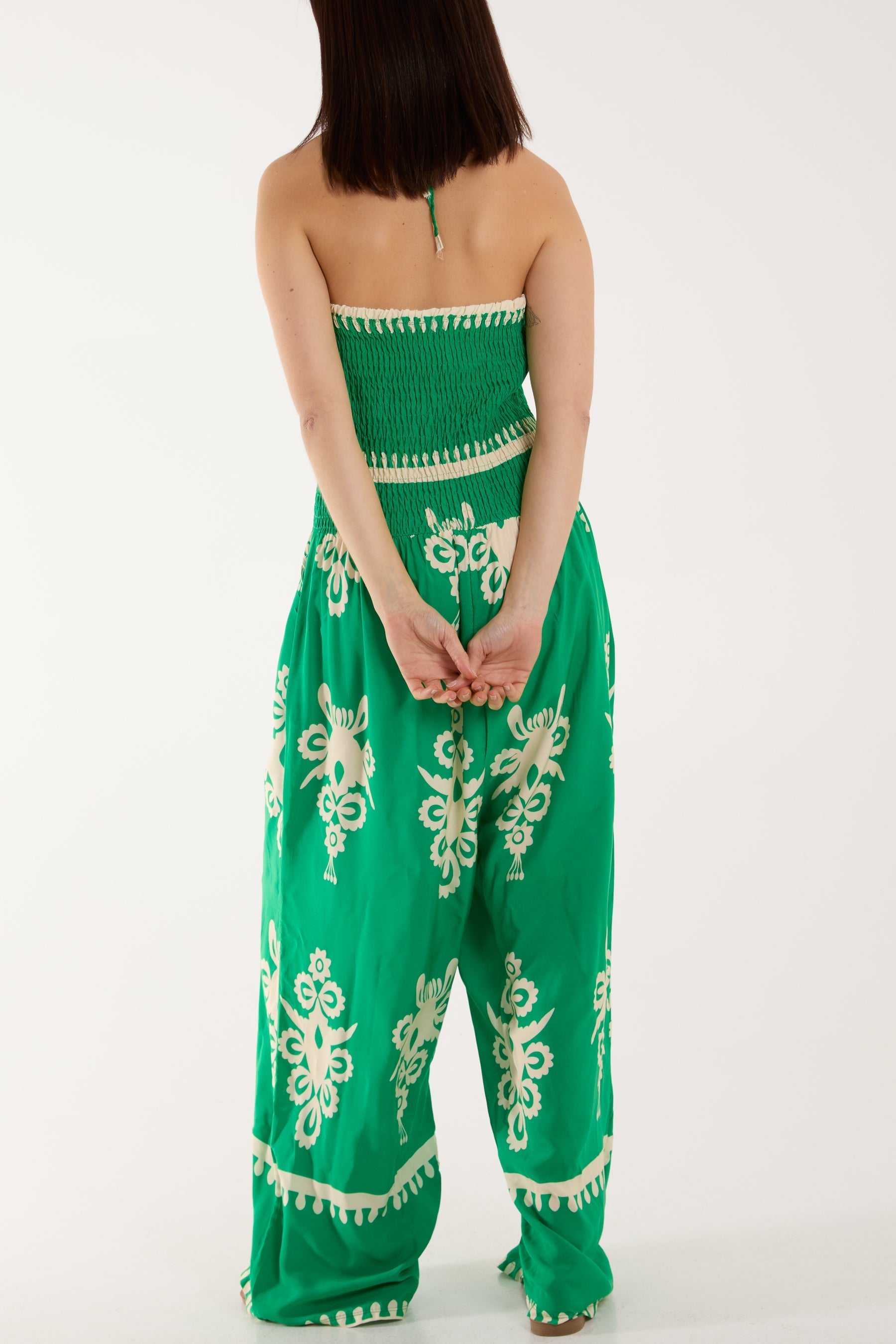 Beige Shirred Bodice Bandeau Printed Jumpsuit For Women ONE SIZE - Dropwear