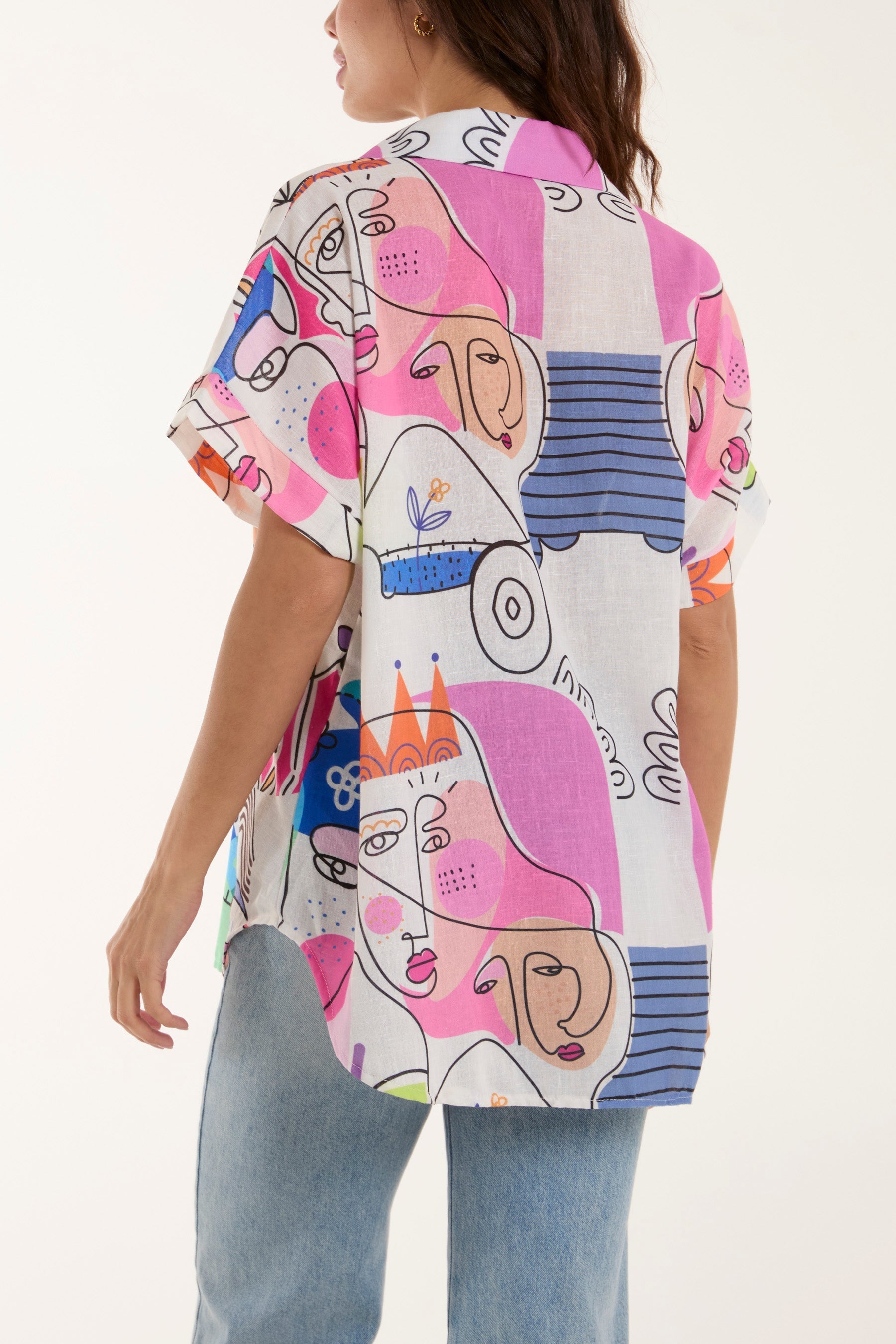Light Blue Abstract Faces Front Knot Shirt For Women ONE SIZE - Dropwear