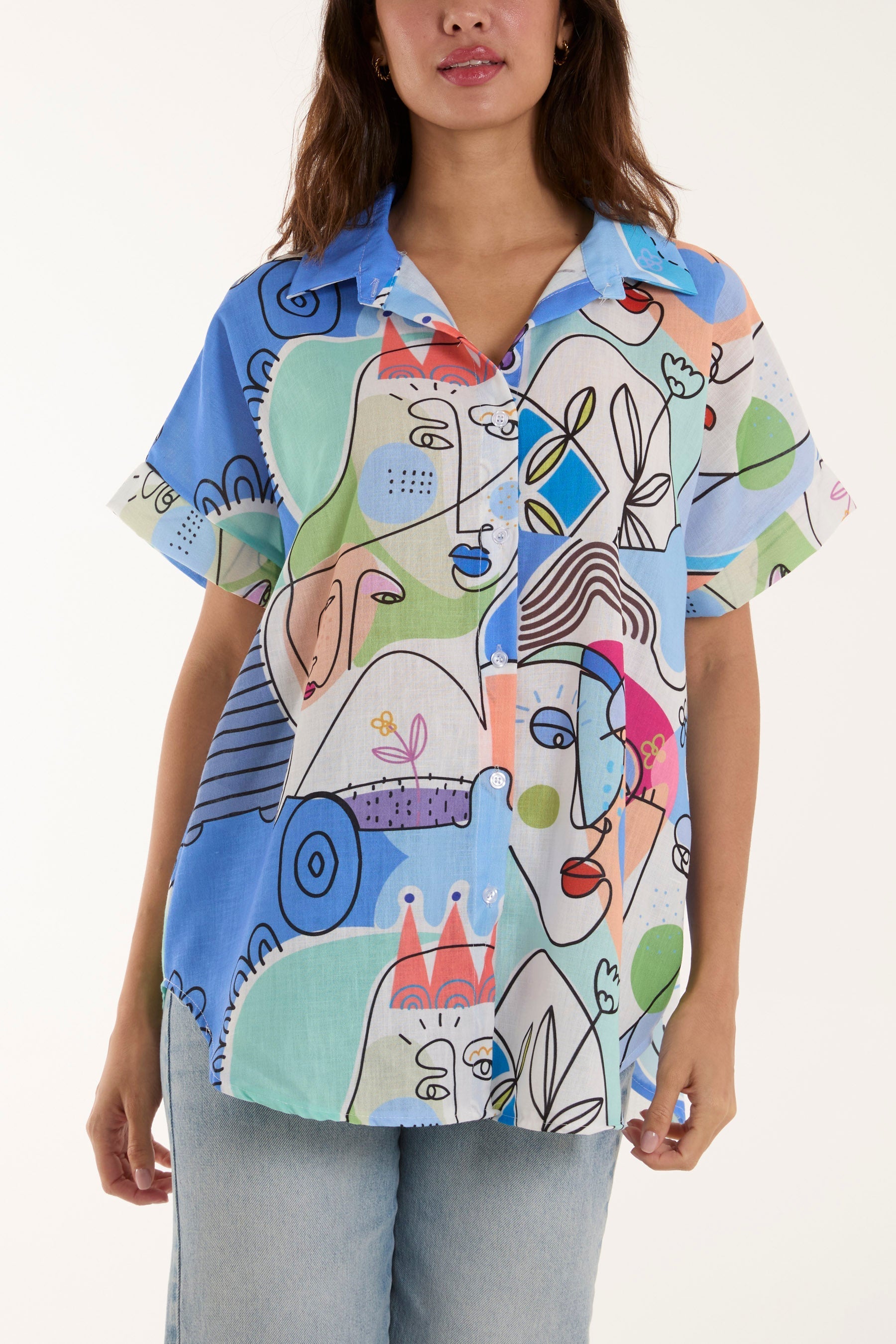 Abstract Faces Front Knot Shirt For Women  - Dropwear