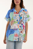 Abstract Faces Front Knot Shirt For Women  - Dropwear