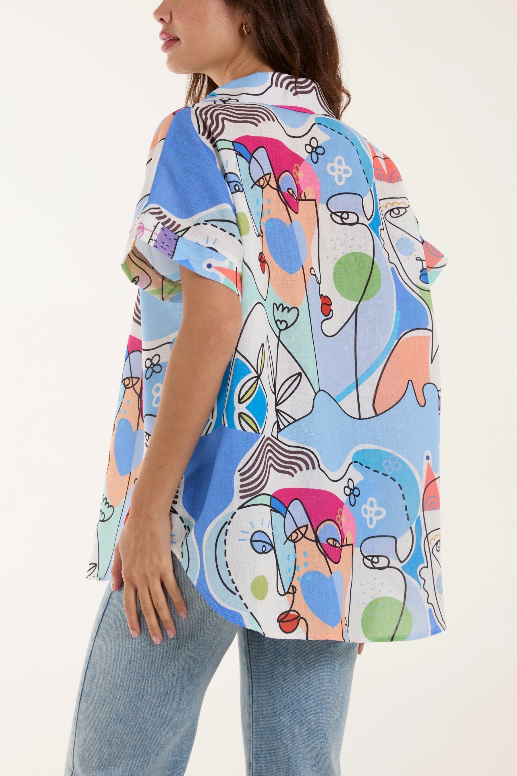 Abstract Faces Front Knot Shirt For Women  - Dropwear