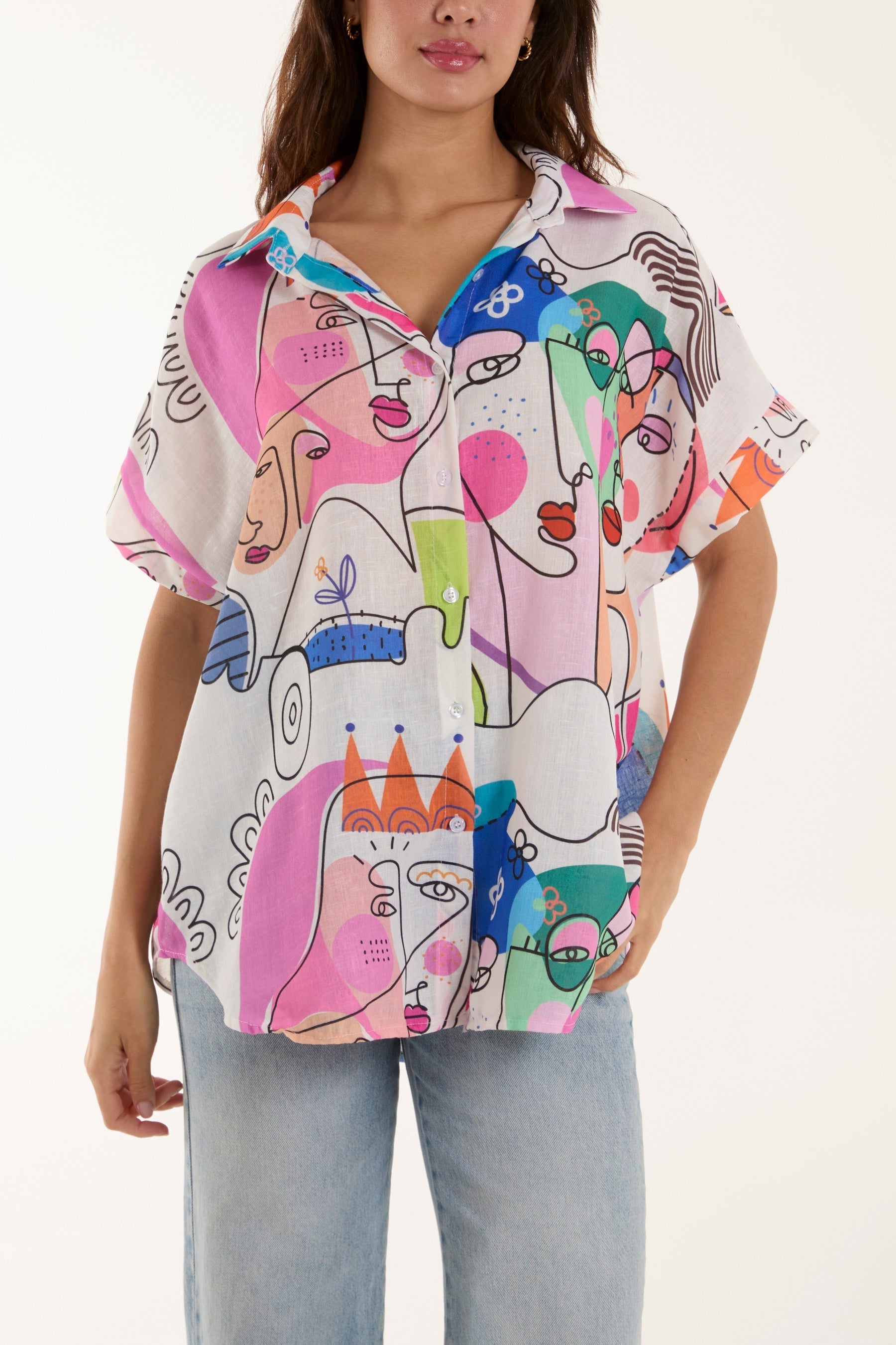 Pink Abstract Faces Front Knot Shirt For Women ONE SIZE - Dropwear