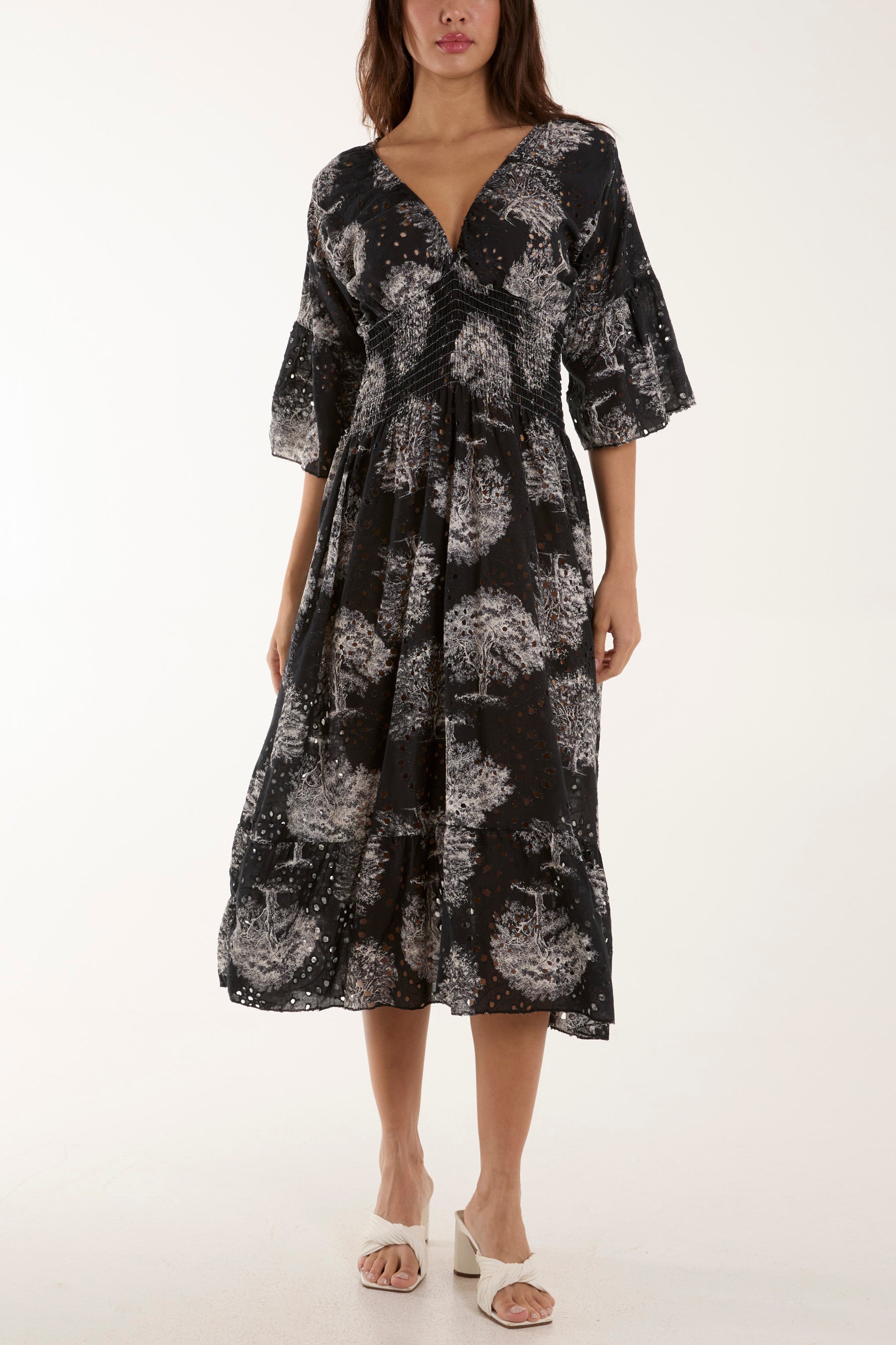Light Blue Tree Broderie Anglaise Midi Dress For Women ONE SIZE - Dropwear