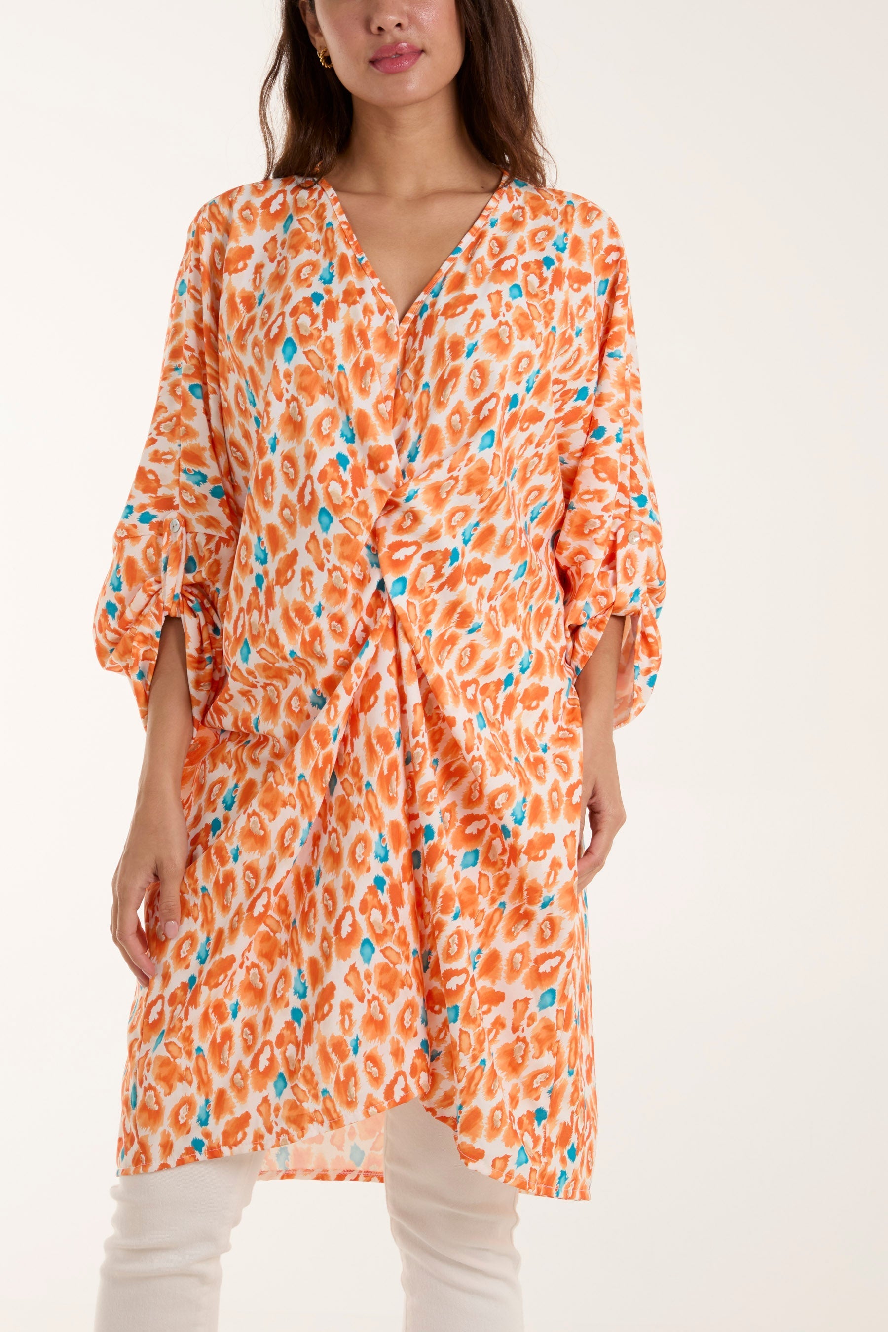Orange Leopard Print Twisted Front Blouse For Women ONE SIZE - Dropwear