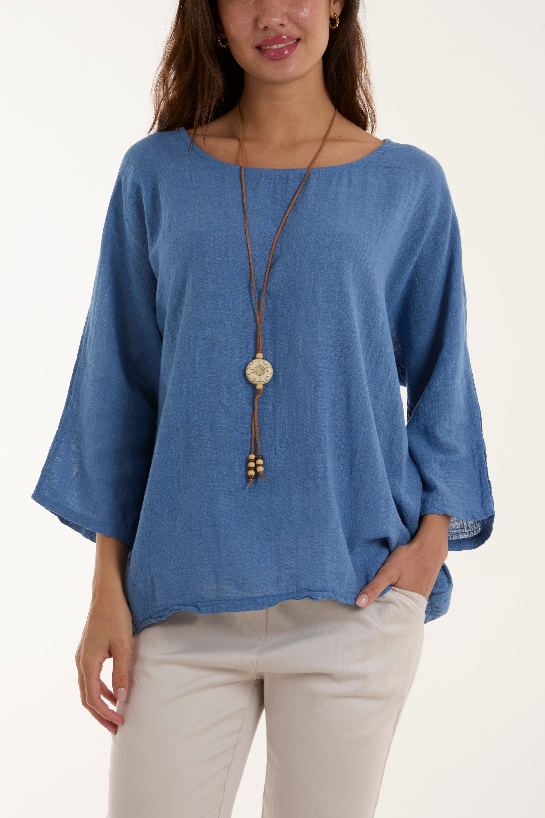 Khaki Necklace 3/4 Sleeve Blouse For Women ONE SIZE - Dropwear