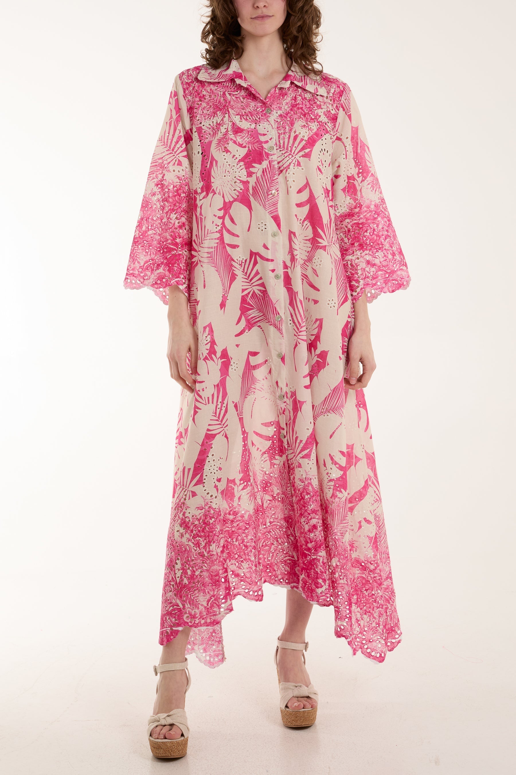 Hot Pink Palm Leaf Broderie Anglaise Shirt Dress For Women ONE SIZE - Dropwear