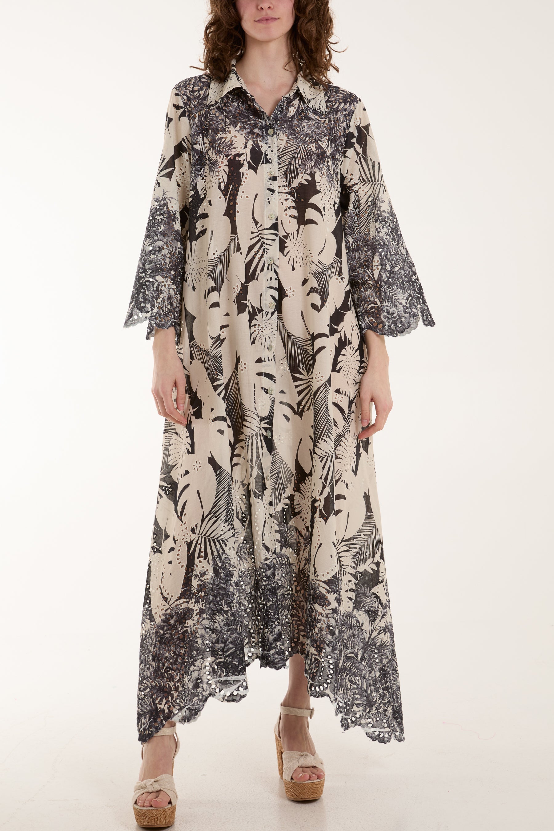 Khaki Palm Leaf Broderie Anglaise Shirt Dress For Women ONE SIZE - Dropwear