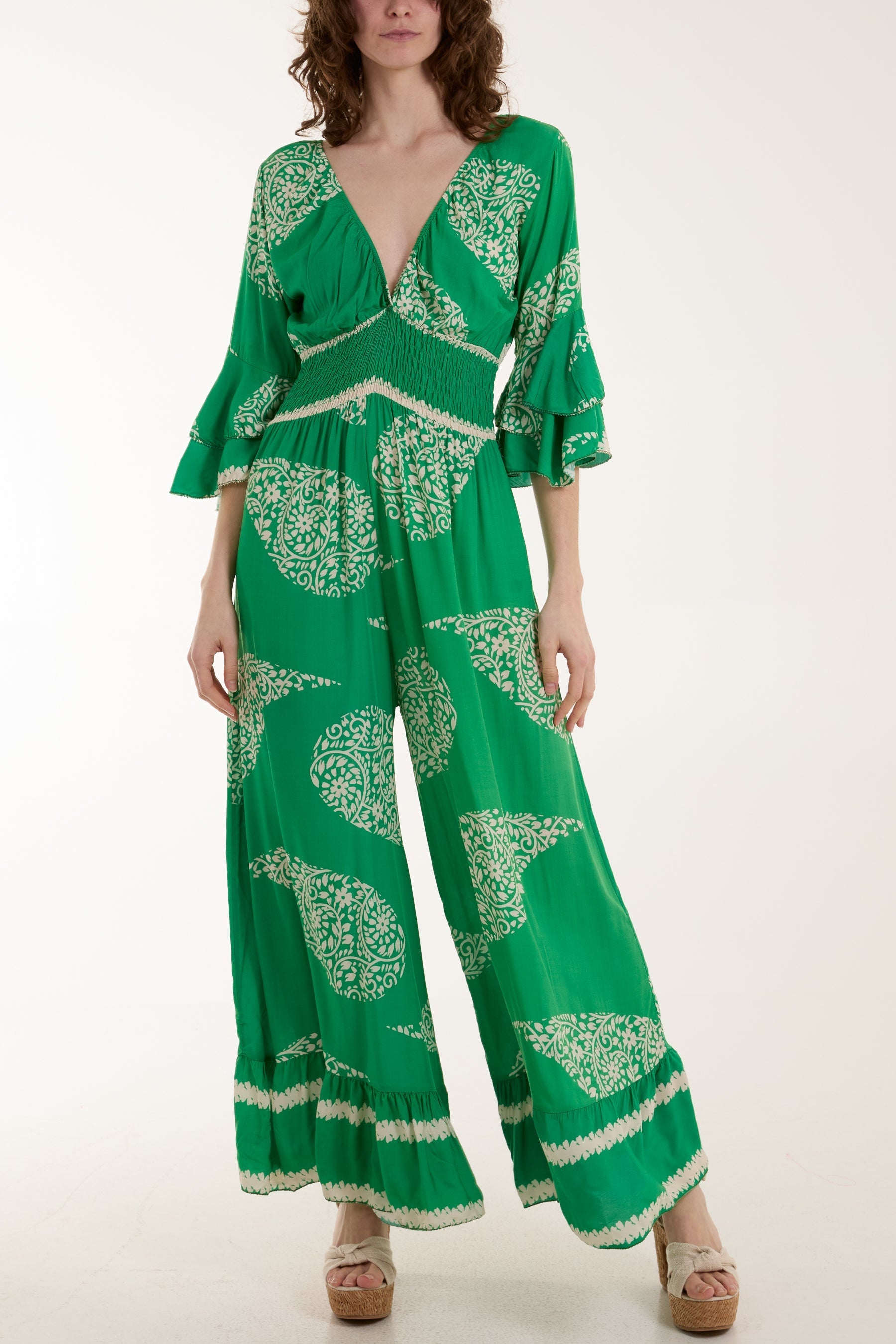 Hot Pink Paisley Print Ruffle Sleeve Jumpsuit For Women ONE SIZE - Dropwear