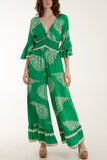 Hot Pink Paisley Print Ruffle Sleeve Jumpsuit For Women ONE SIZE - Dropwear