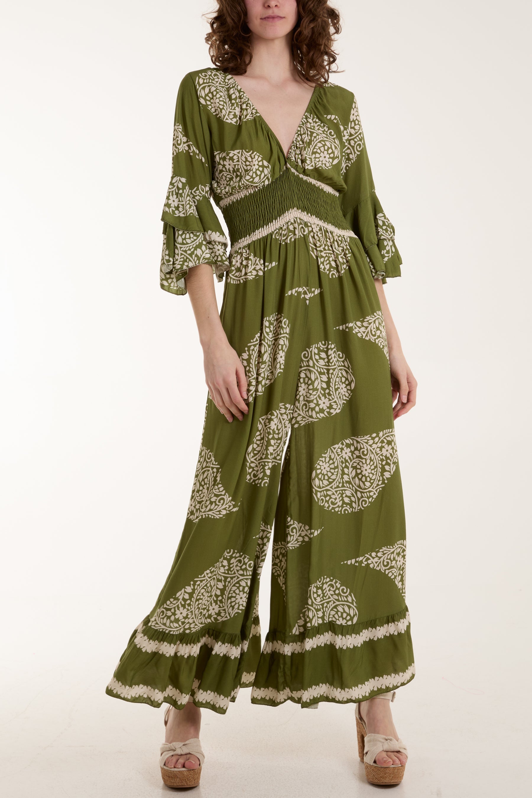 Paisley Print Ruffle Sleeve Jumpsuit For Women  - Dropwear