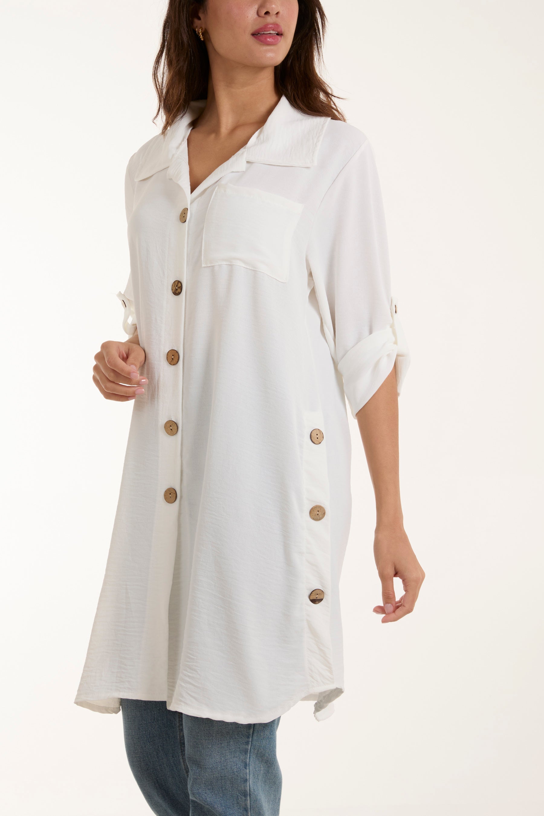 Stone Side Button Detail Floaty Shirt For Women ONE SIZE - Dropwear