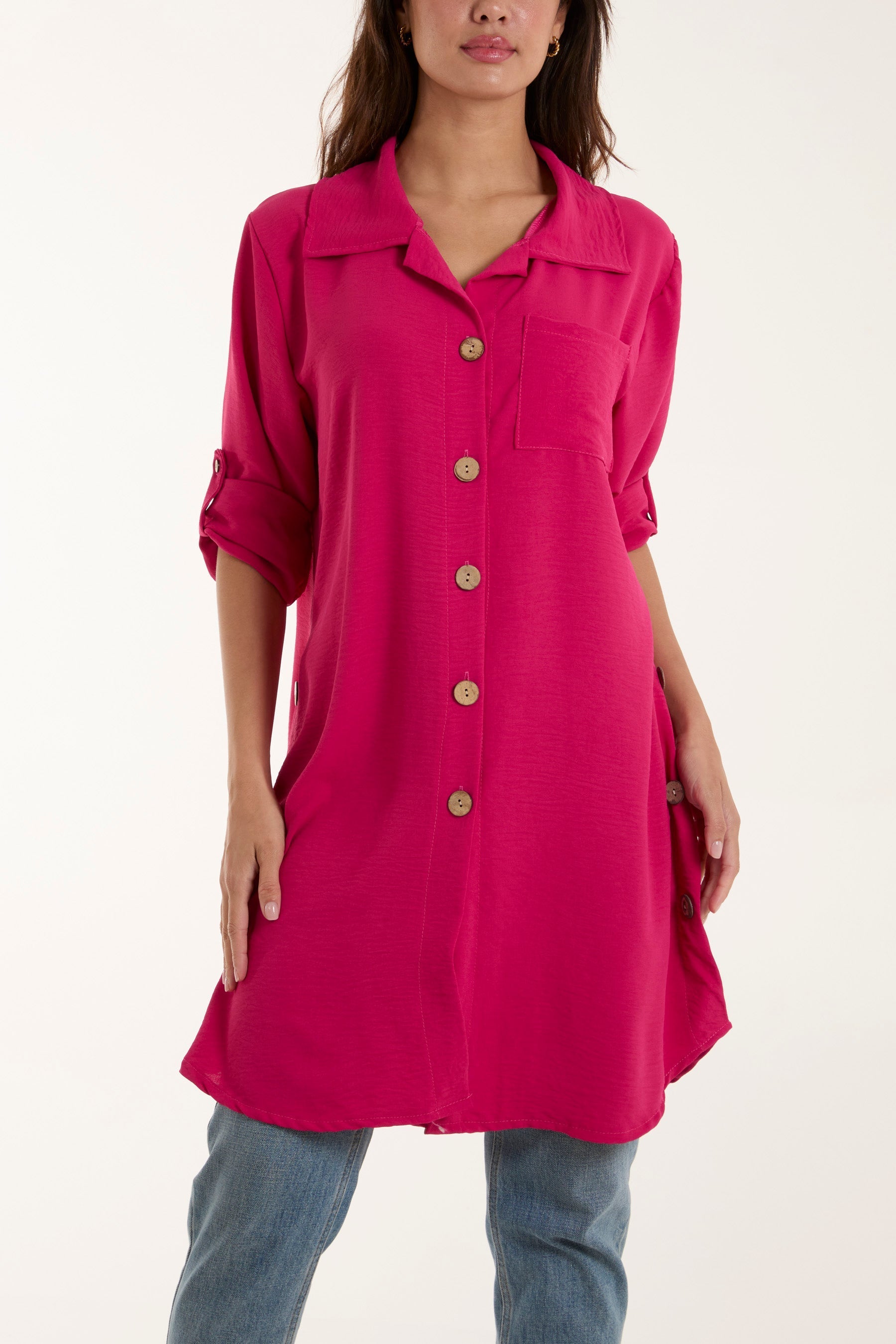 Fuchsia Side Button Detail Floaty Shirt For Women ONE SIZE - Dropwear