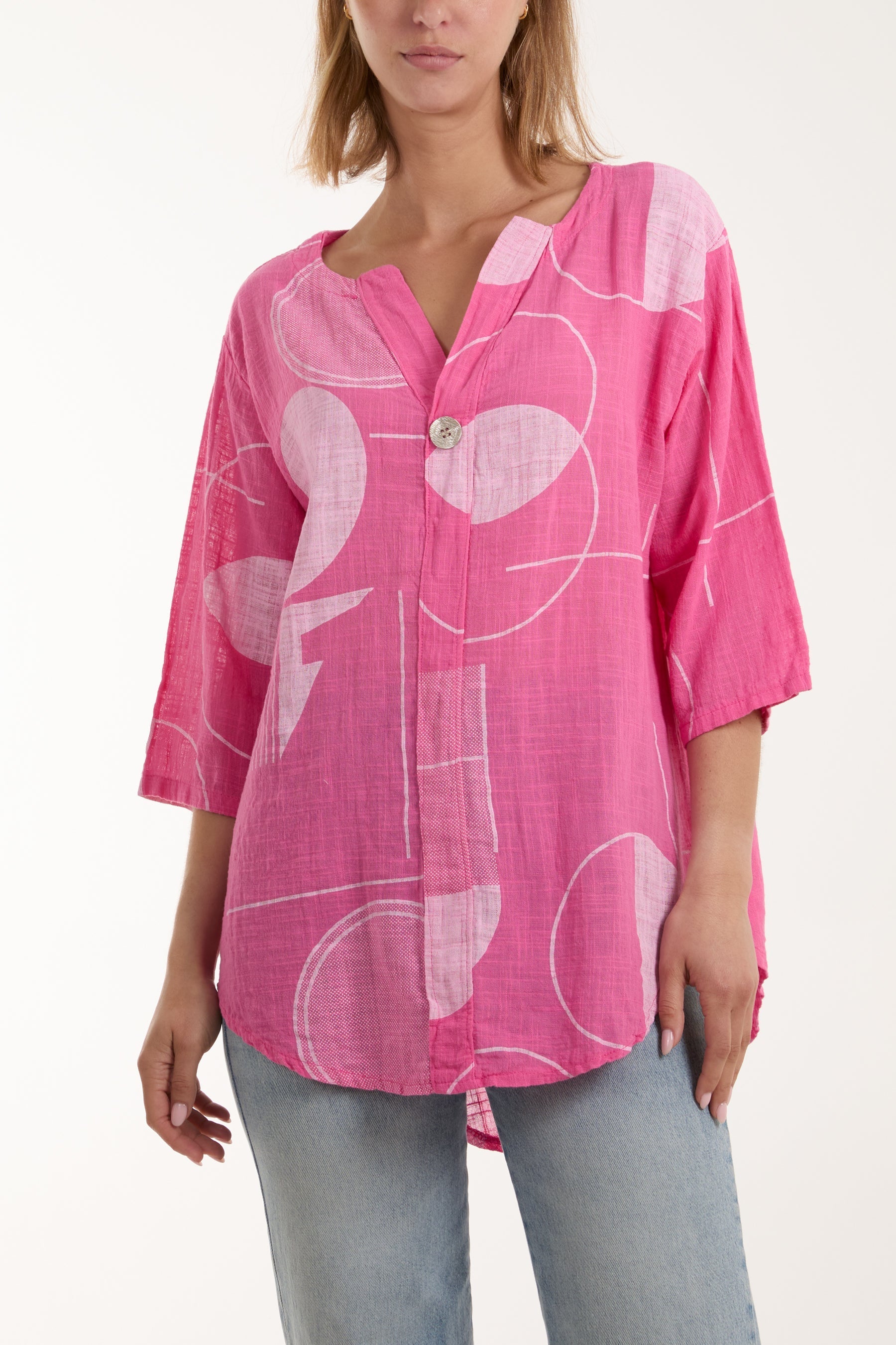 Beige Geometric Shapes Silver Button Top For Women ONE SIZE - Dropwear