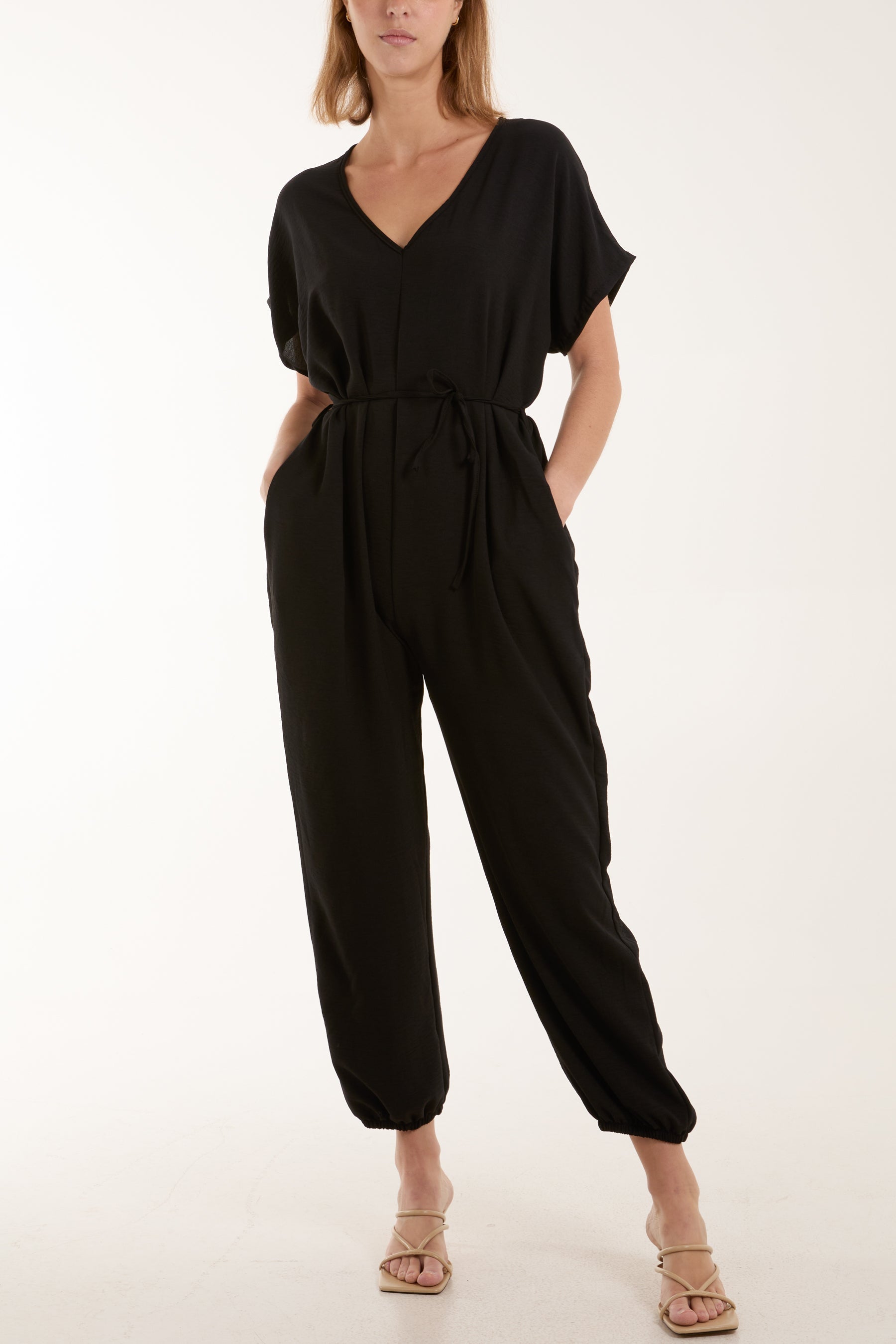 Hot Pink V-Neck Tied Waist Long Jumpsuit For Women ONE SIZE - Dropwear