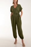 V-Neck Tied Waist Long Jumpsuit For Women  - Dropwear