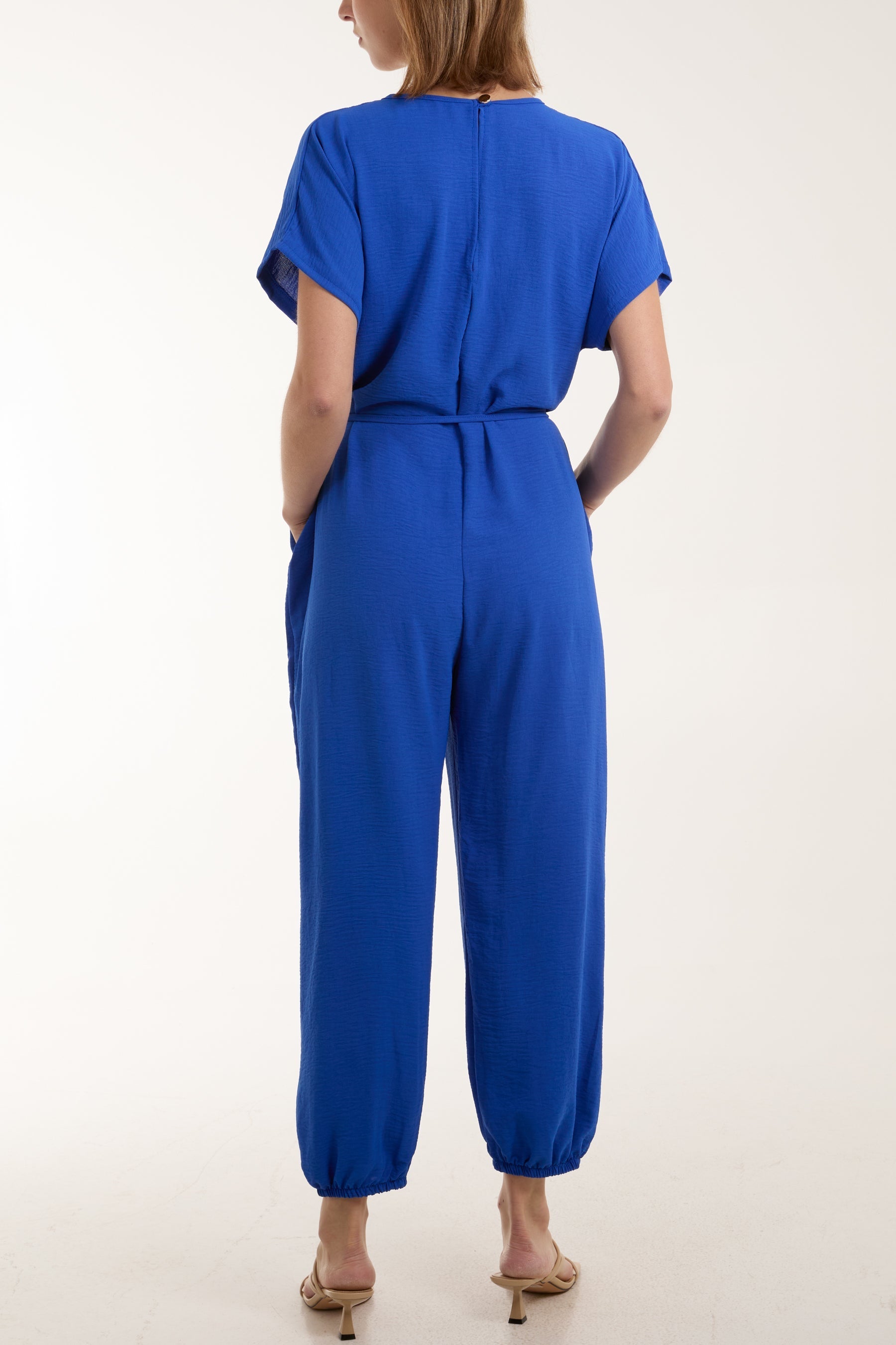 Navy V-Neck Tied Waist Long Jumpsuit For Women ONE SIZE - Dropwear