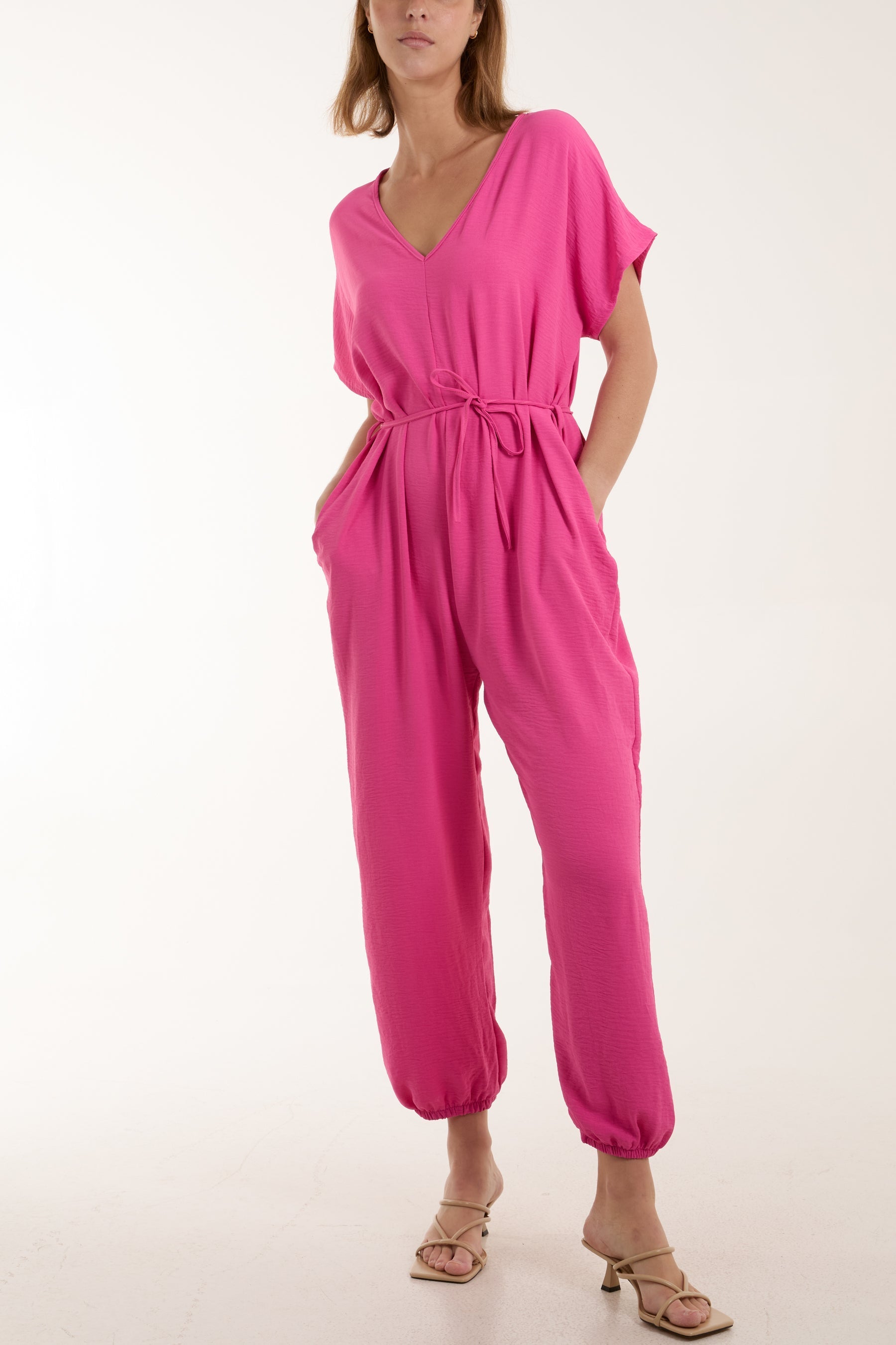 Khaki V-Neck Tied Waist Long Jumpsuit For Women ONE SIZE - Dropwear