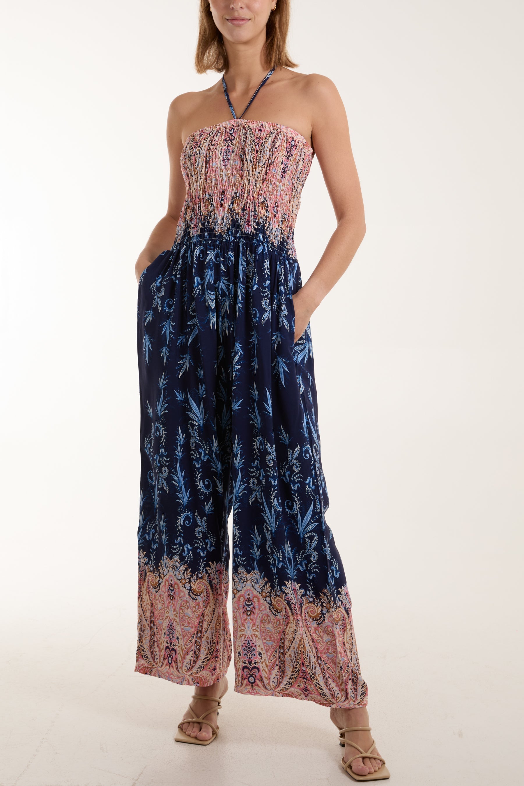 Royal Blue Floral Shirred Bandeau Jumpsuit For Women ONE SIZE - Dropwear