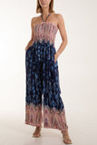 Royal Blue Floral Shirred Bandeau Jumpsuit For Women ONE SIZE - Dropwear
