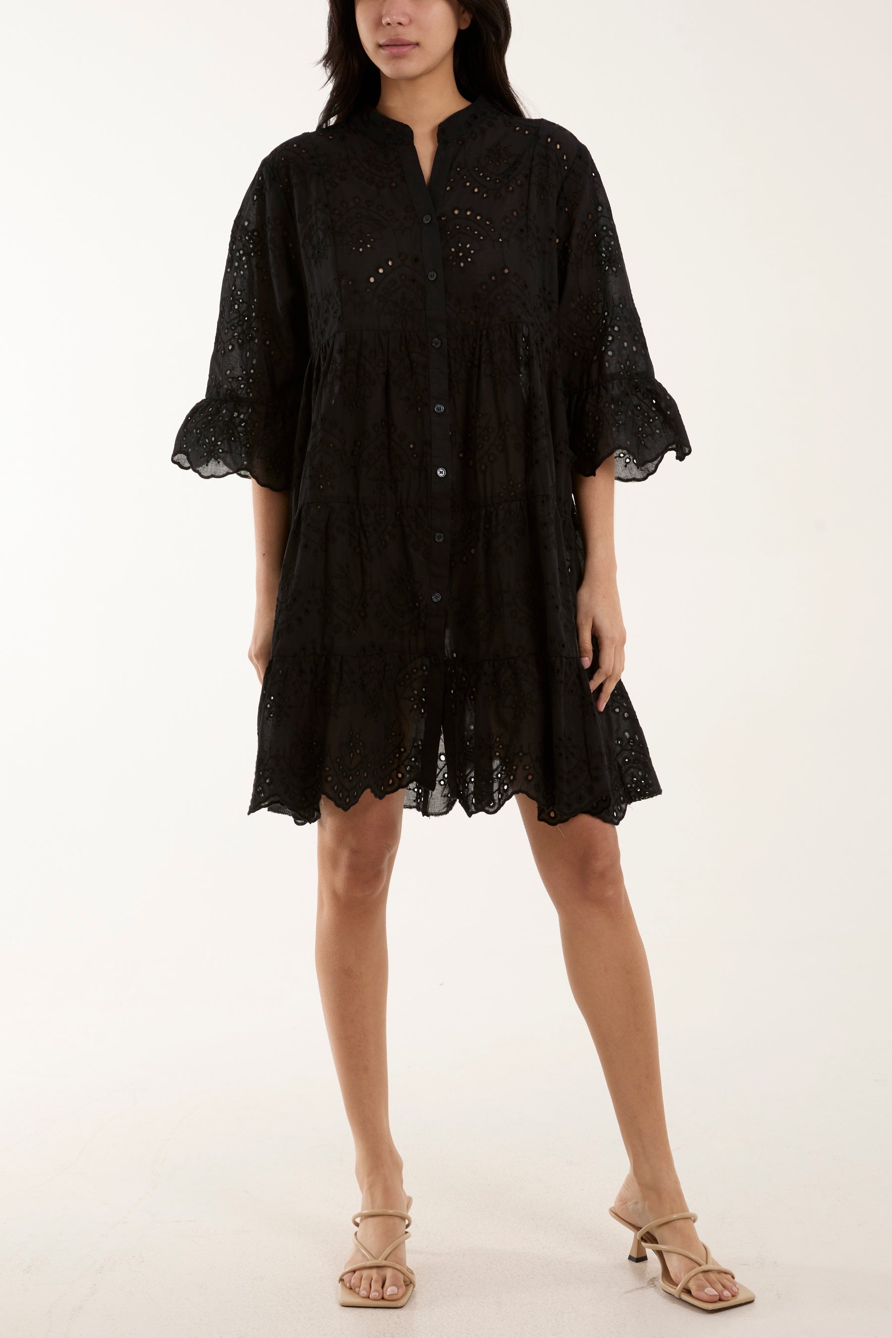 Hot Pink Broderie Anglaise Smock Shirt Dress For Women ONE SIZE - Dropwear