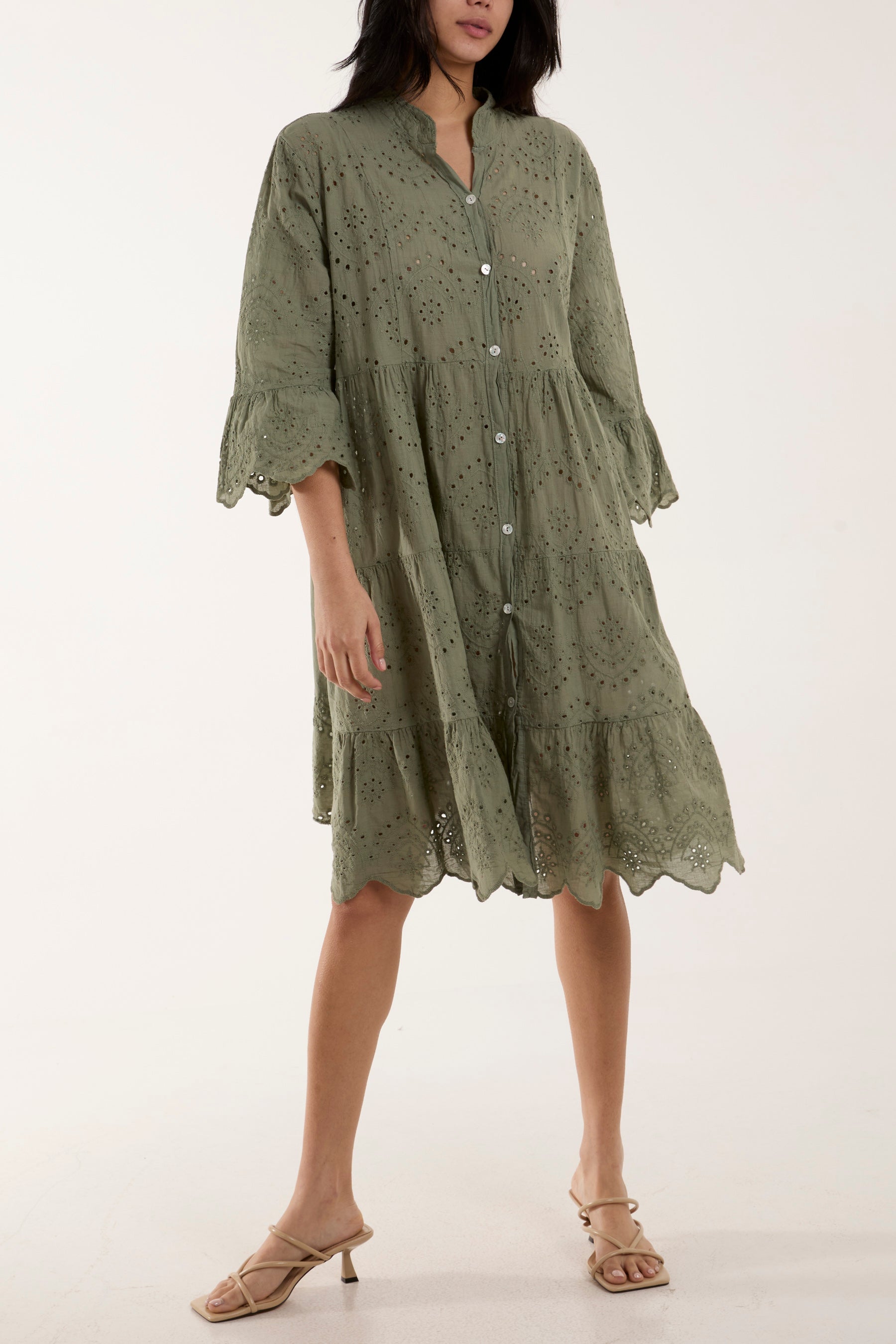 Black Broderie Anglaise Smock Shirt Dress For Women ONE SIZE - Dropwear