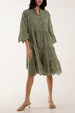 Black Broderie Anglaise Smock Shirt Dress For Women ONE SIZE - Dropwear