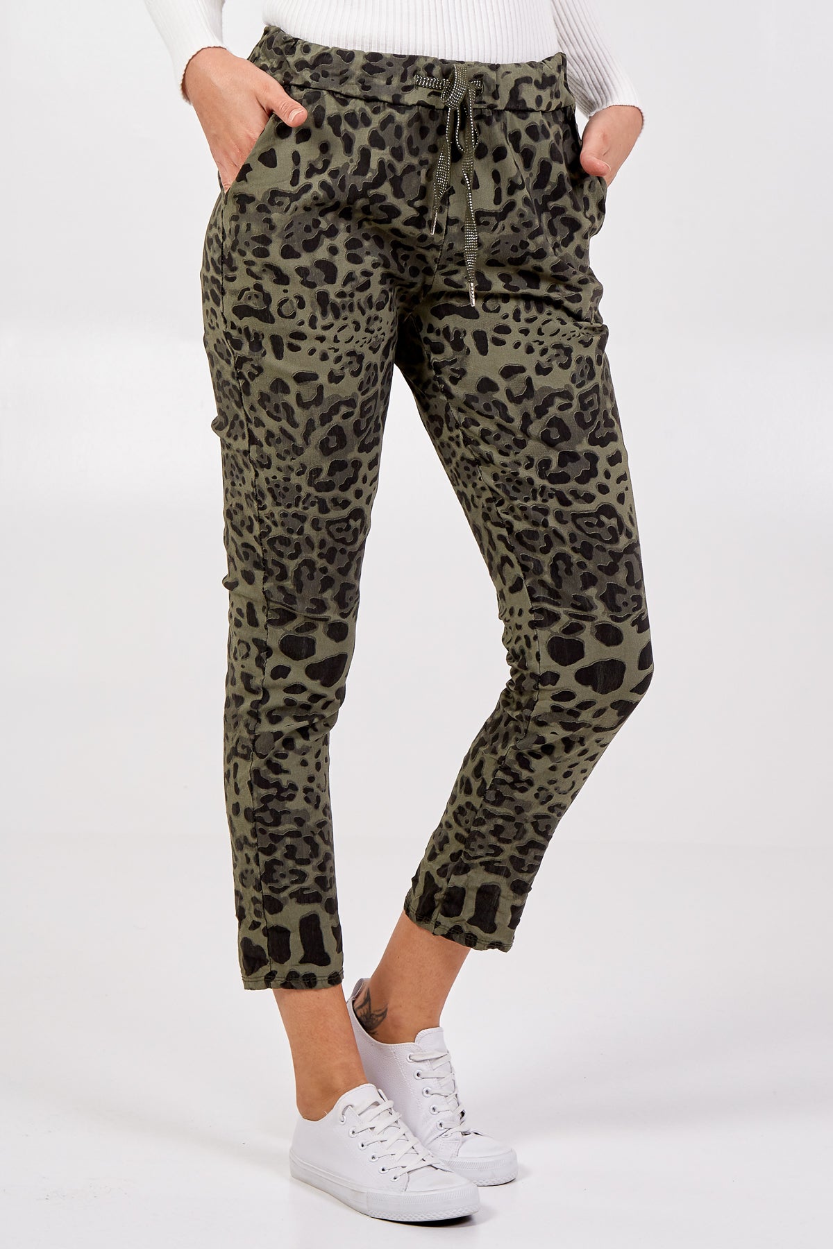 Navy Magic Super Stretch Leopard Print Trousers For Women ONE SIZE - Dropwear
