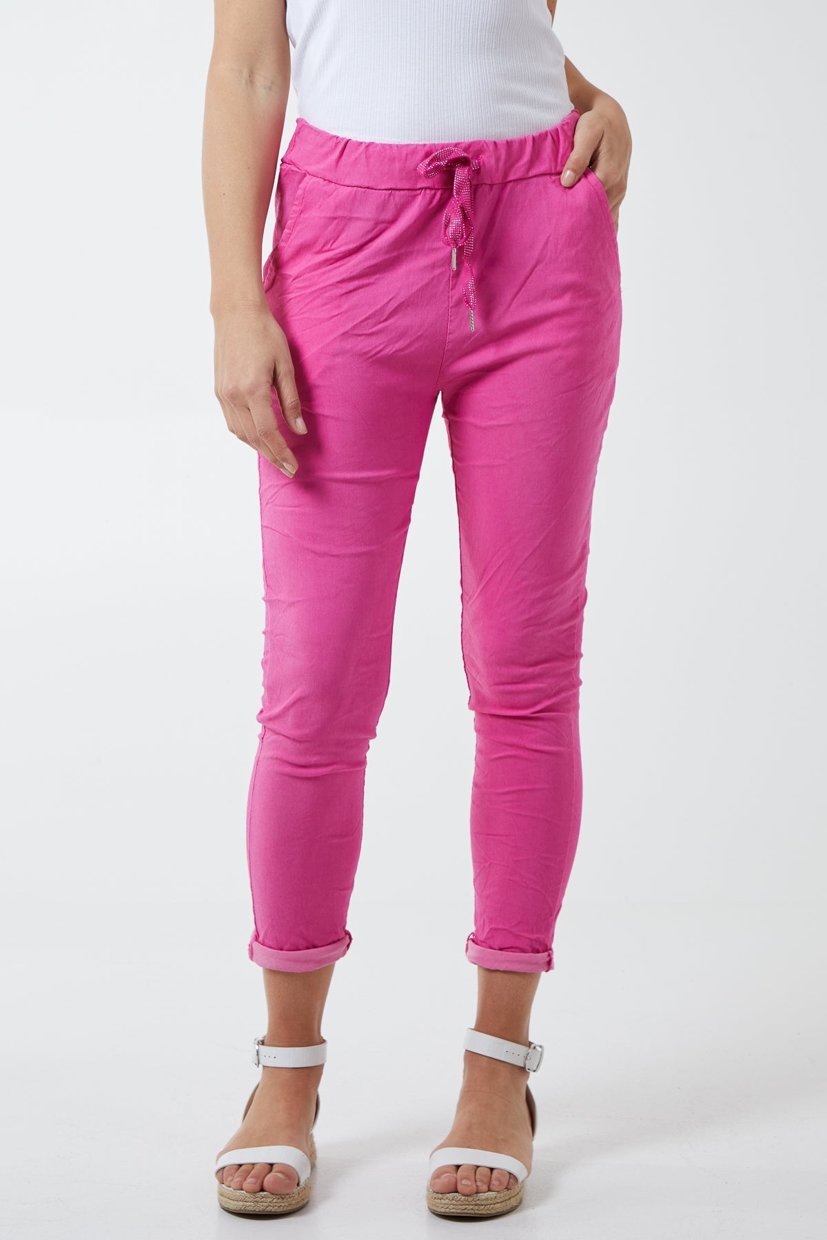 Hot Pink Magic Plain Super Stretch Crushed Trousers For Women ONE SIZE - Dropwear