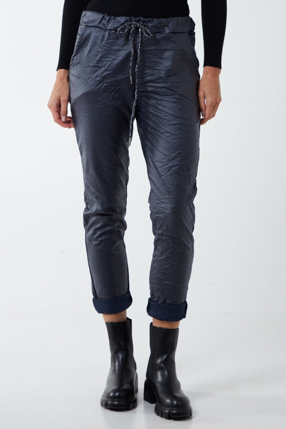 Khaki Magic Stretch PU Coated Crushed Trousers For Women ONE SIZE - Dropwear