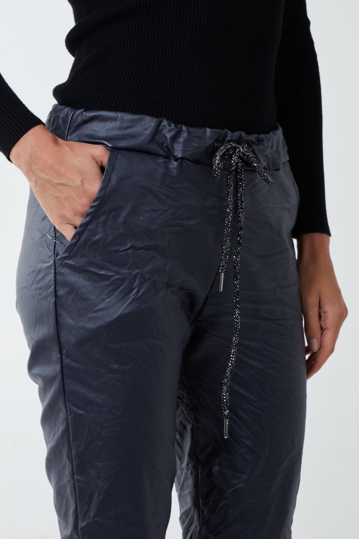 Teal Magic Stretch PU Coated Crushed Trousers For Women ONE SIZE - Dropwear