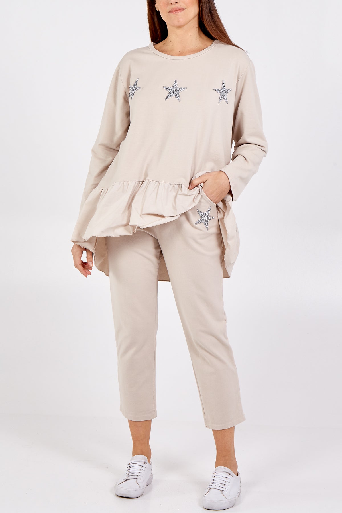 Asymmetrical Frill Hem Glitter Star Loungewear Set For Women  - Dropwear