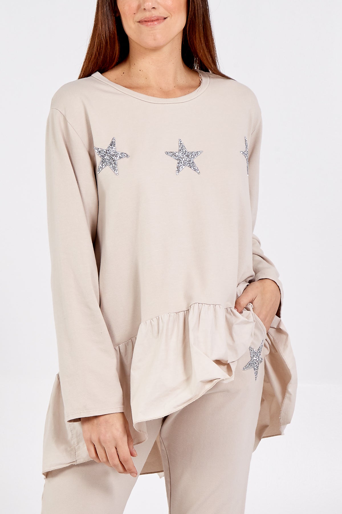 Asymmetrical Frill Hem Glitter Star Loungewear Set For Women  - Dropwear