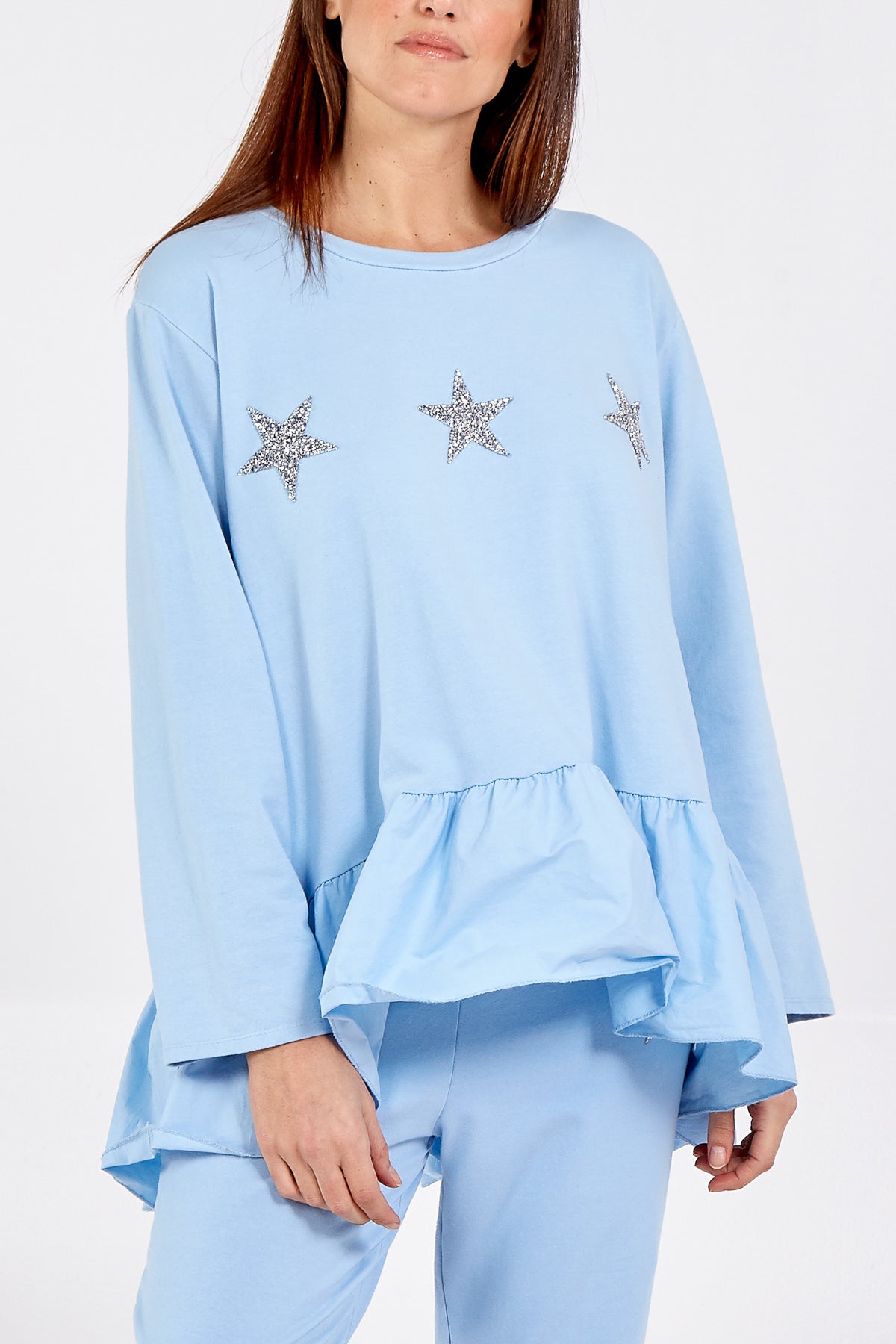 Asymmetrical Frill Hem Glitter Star Loungewear Set For Women  - Dropwear