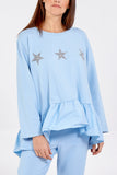 Asymmetrical Frill Hem Glitter Star Loungewear Set For Women  - Dropwear