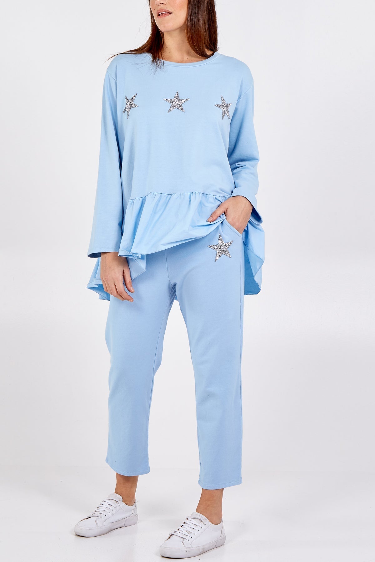 Sky Blue Asymmetrical Frill Hem Glitter Star Loungewear Set For Women ONE SIZE - Dropwear