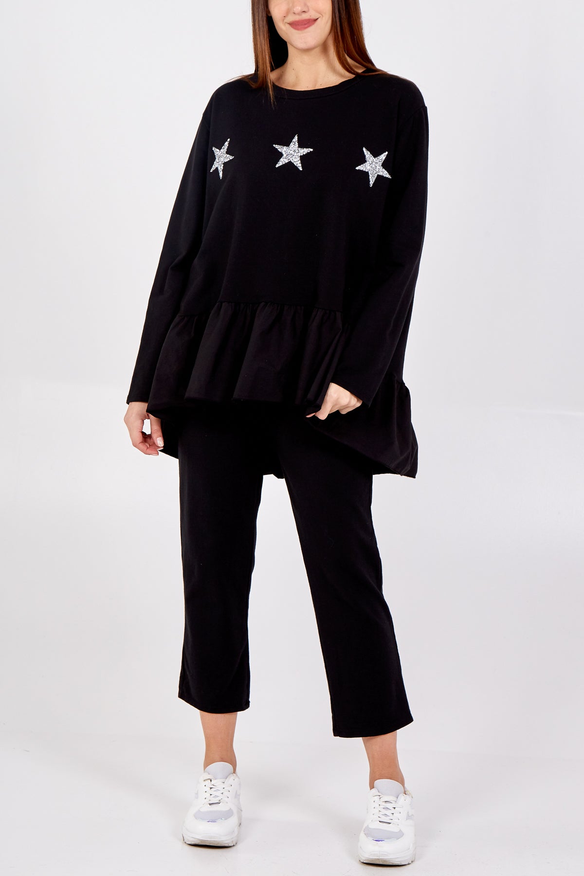 Asymmetrical Frill Hem Glitter Star Loungewear Set For Women  - Dropwear