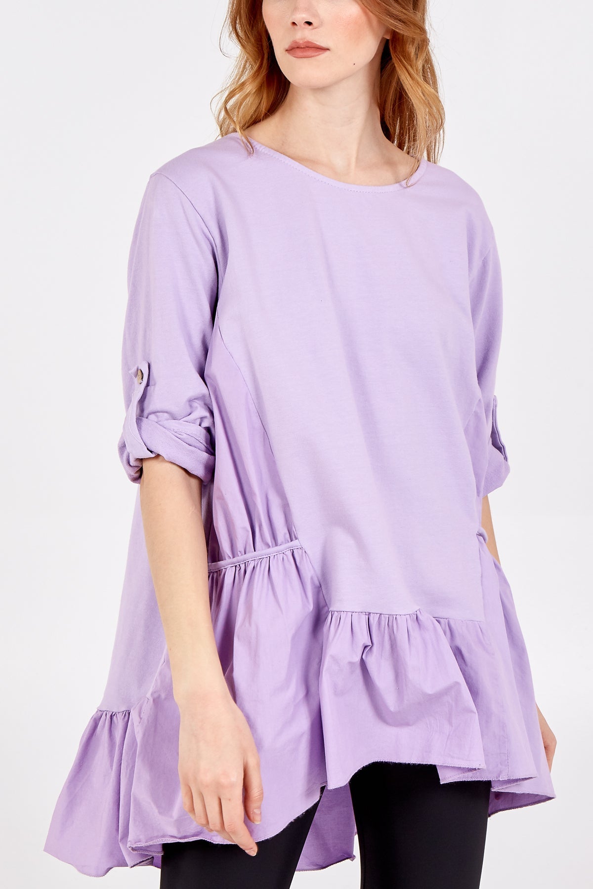 Lilac Frill Hem Elasticated Turn Back Sleeve Top For Women ONE SIZE - Dropwear