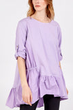 Lilac Frill Hem Elasticated Turn Back Sleeve Top For Women ONE SIZE - Dropwear