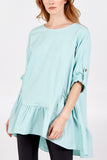 Frill Hem Elasticated Turn Back Sleeve Top For Women  - Dropwear
