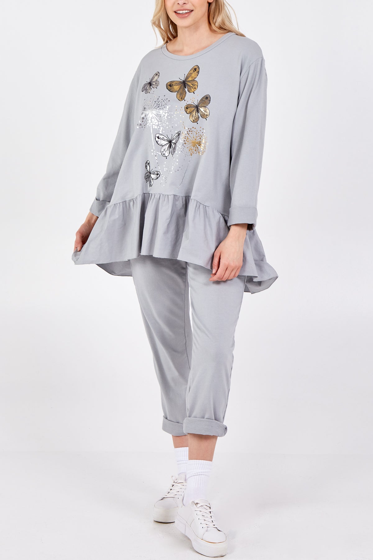 Stone Butterfly Frill Hem Lounge Set For Women ONE SIZE - Dropwear