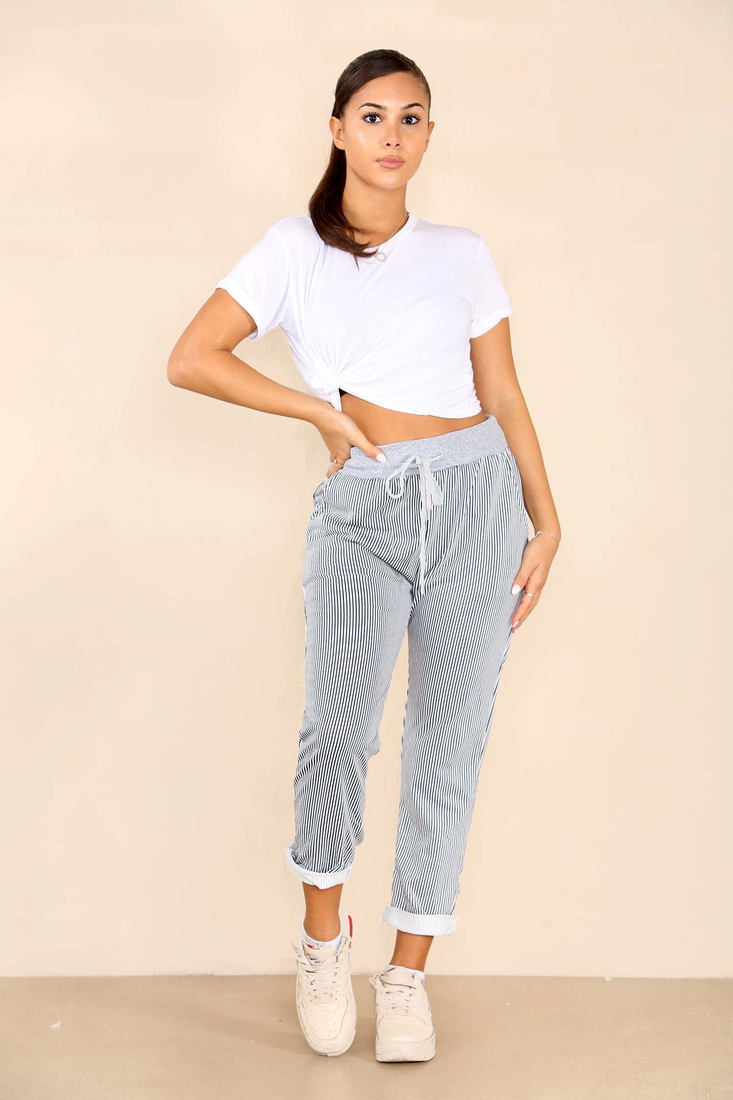 Orange Plus Size Italian Thin Stripes Print Drawstring Cotton Joggers For Women 20 - Dropwear