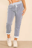 Plus Size Italian Thin Stripes Print Drawstring Cotton Joggers For Women  - Dropwear