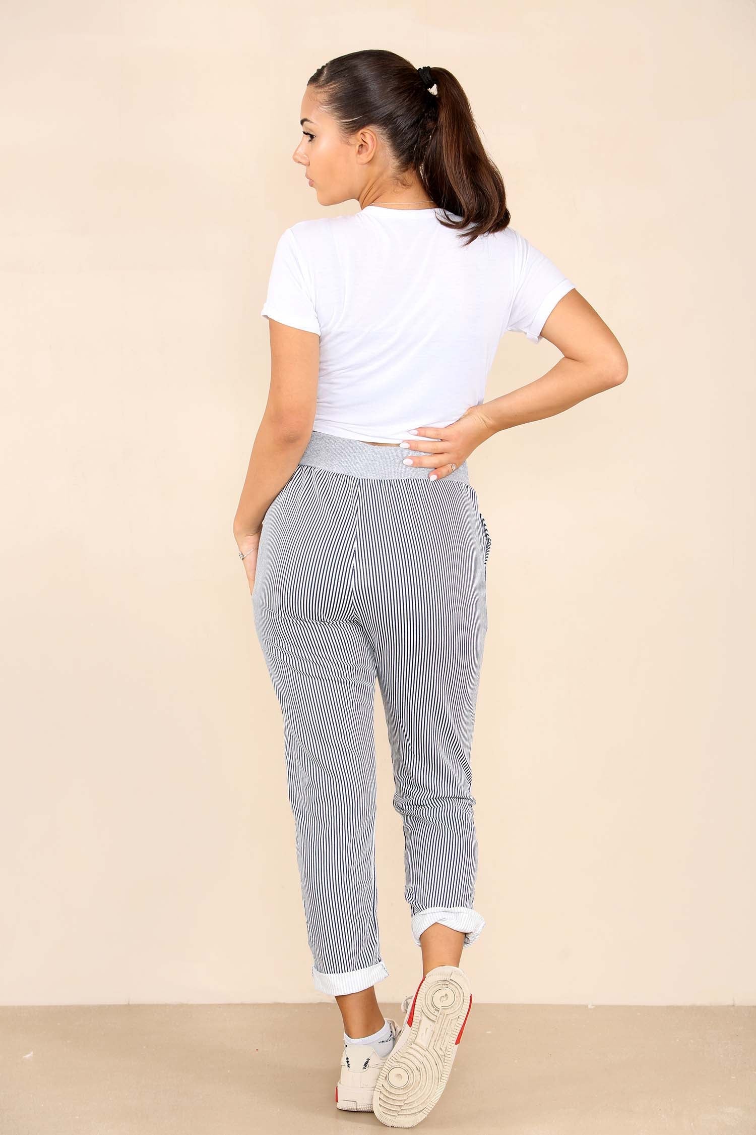 Plus Size Italian Thin Stripes Print Drawstring Cotton Joggers For Women  - Dropwear