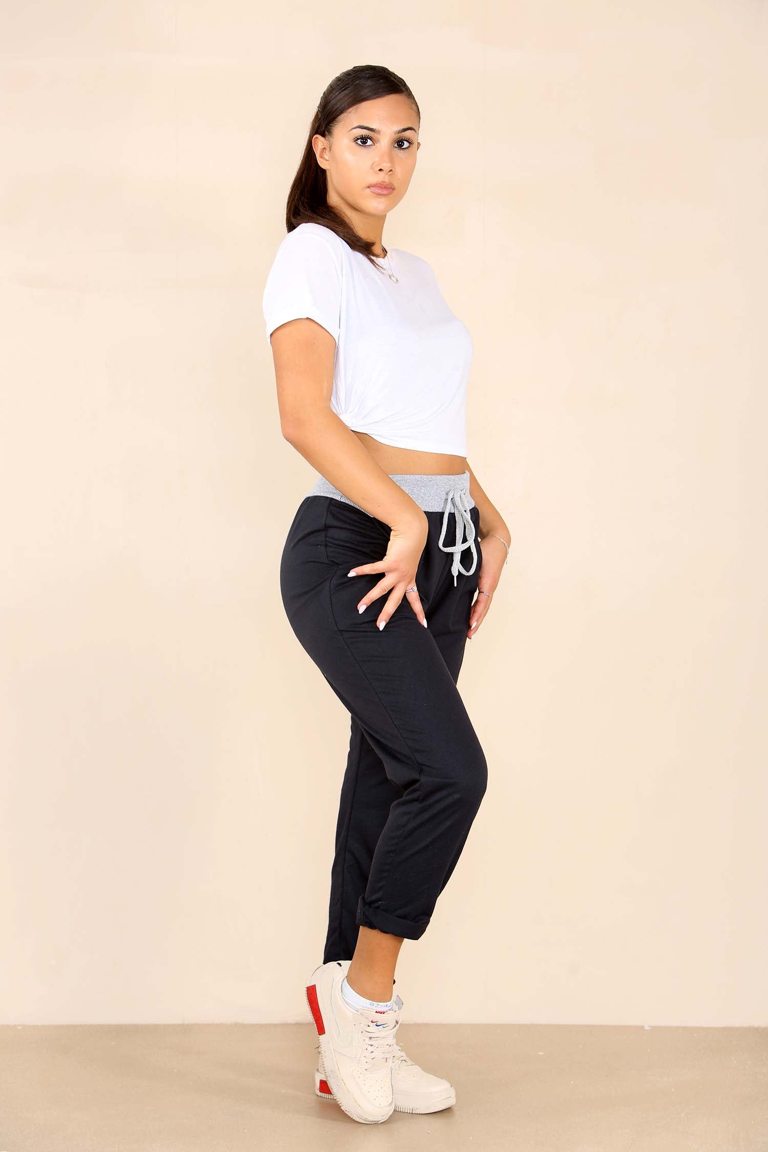 Khaki Plus Size Italian Plain Drawstring Cotton Joggers For Women 20 - Dropwear