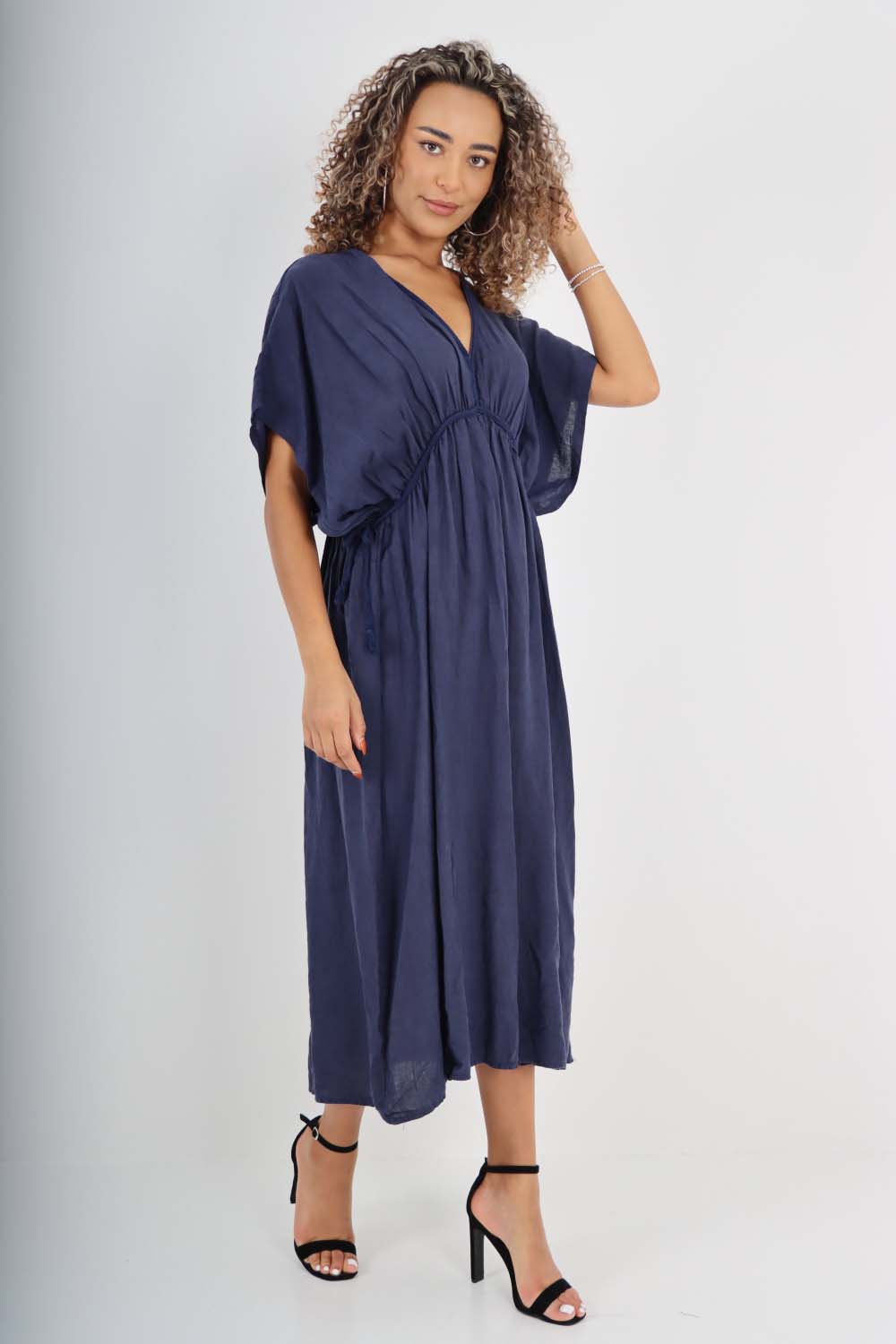 Italian Drawestring Front Flared Linen Dress For Women  - Dropwear